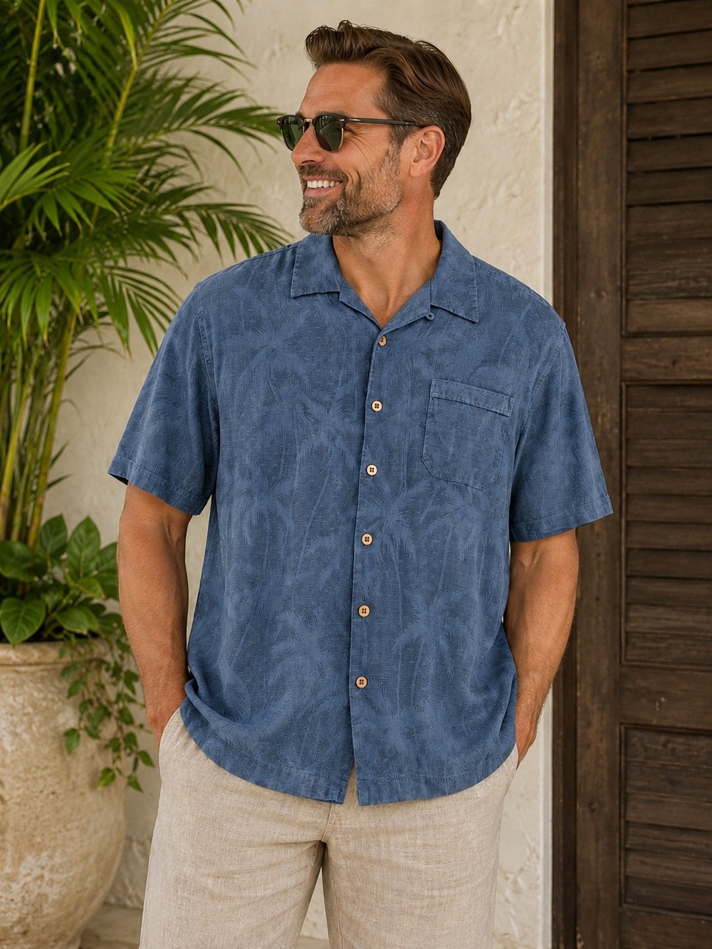 Jamaica Jaxx 100% Silk Camp Shirt Men's L Blue Hawaiian Palm Jacquard Aloha